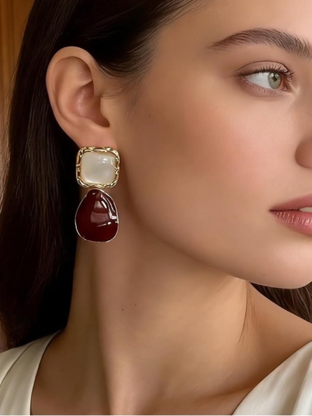 Gold-Tone White and Burgundy Drop Earrings